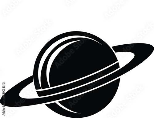 Black planet with three white rings on white background