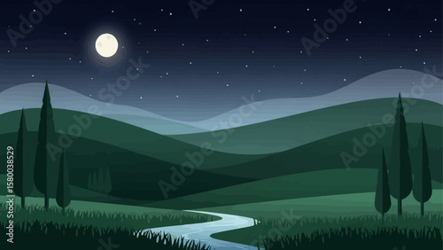 Serene night landscape: moonlit hills, winding river, tall trees.