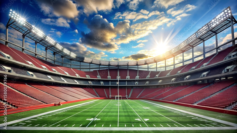 Fototapeta premium American football stadium with green field and bright sky
