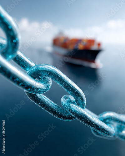 Import and Export Tariffs Trade concept. Close-up of a transparent chain with a ship in the background.