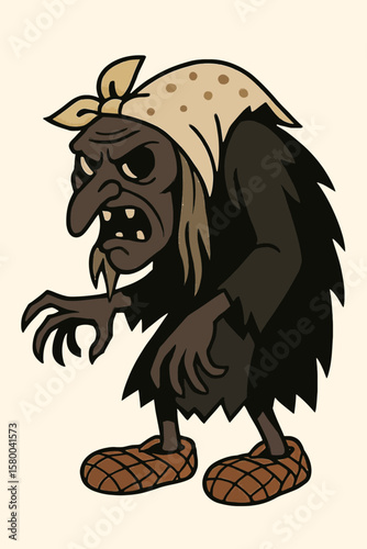 Old witch character in traditional attire representing Slavic fairy tales  