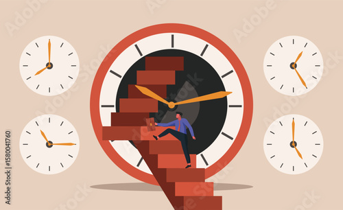 Businessman climbing stairs inside a giant clock, concept of time pressure, work overload, and the feeling of being trapped by nonstop schedules, flat vector illustration