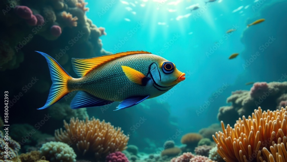Obraz premium Colorful fish swims among vibrant coral reefs.