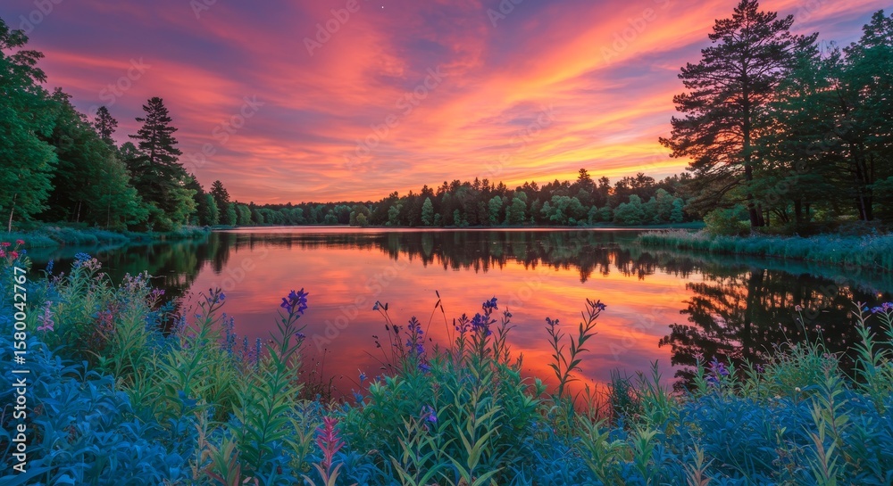 Obraz premium Vibrant Sunset over Serene Lake and Forest