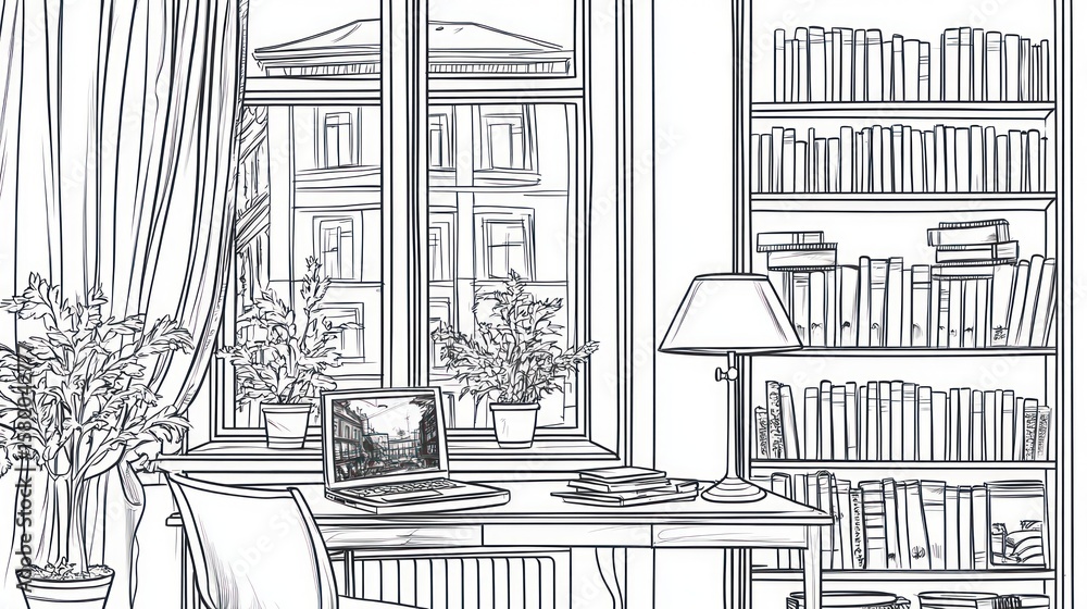 Fototapeta premium Detailed sketch of a room with a view.