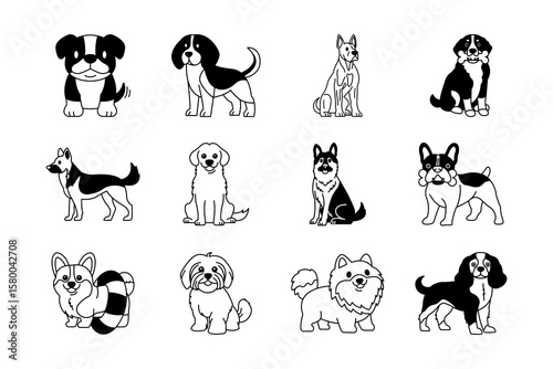 black and white illustrations of various dog breeds collection