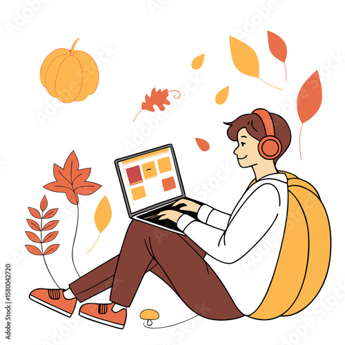 Man decorates room with fall themed artwork featuring leaves and pumpkins near a bookshelf and doorway