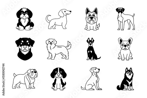 Collection of black and white icons of purebred dogs