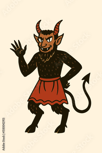 Cartoon devil character waving in traditional attire, concept of Slavic fairy tales, Slavic mythology  