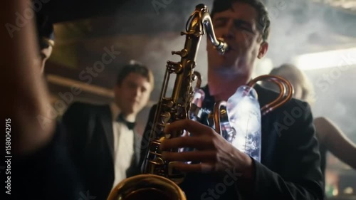 A musician in a 1920s party playing a saxophone with a futuristic, glowing liquid attachment.