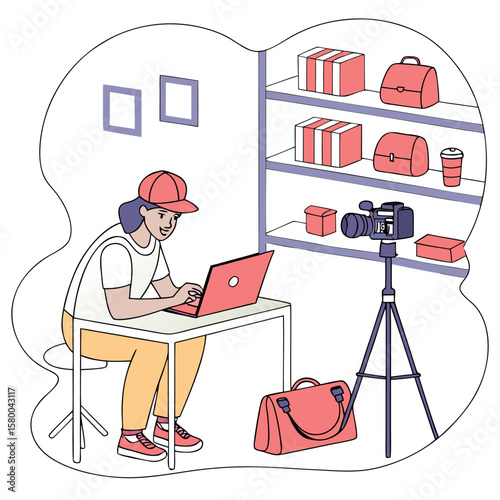 Woman working on laptop with camera and product shelves in background creating content for online store