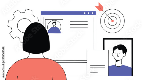 Adobe Illustrator ArtworkBusiness recruitment illustration with woman reviewing online resume and candidate profile for job selection
