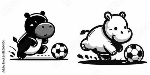 baby hippo play soccer. Football Sports Ball Game silhouette Clipart Line Art Vector Illustration. Young enjoys kicking a ball fun of footwork for little animal.