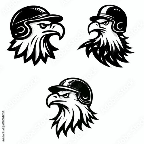 Bald Eagle with baseball helmet. Football Sports Ball Game silhouette Clipart Line Art Vector Illustration. American symbol wearing protective headgear for playing ball funny avian image.