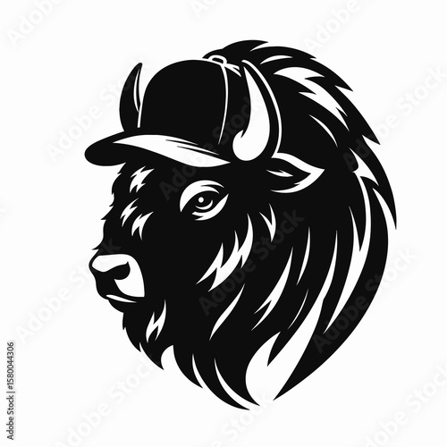 Bison with baseball helmet. Football Sports Ball Game silhouette Clipart Line Art Vector Illustration. Bull hard hat safety gear for head sporting headwear creature.