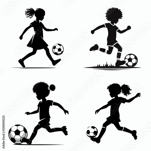 black girl play soccer. Football Sports Ball Game silhouette Clipart Line Art Vector Illustration. African young lady enjoys footwork on field childhood activity athletic competition.