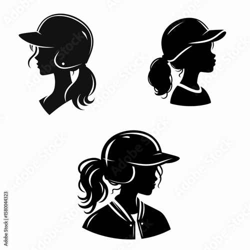 black girl with baseball helmet. Football Sports Ball Game silhouette Clipart Line Art Vector Illustration. Young african female athlete protection headgear batter activity youth sport.