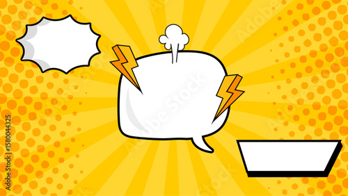 Yellow pop art background with speech bubbles and lightning bolts. Ideal for modern and vibrant design projects needing a retro touch.