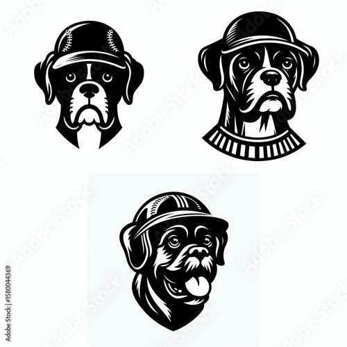 Boxer Dog with baseball helmet. Football Sports Ball Game silhouette Clipart Line Art Vector Illustration. Canine athlete dome protector a fun sporting good for pup play.