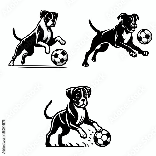 Boxer Dog play soccer. Football Sports Ball Game silhouette Clipart Line Art Vector Illustration. Canine breed enjoys a kick about using on the field sport activity.