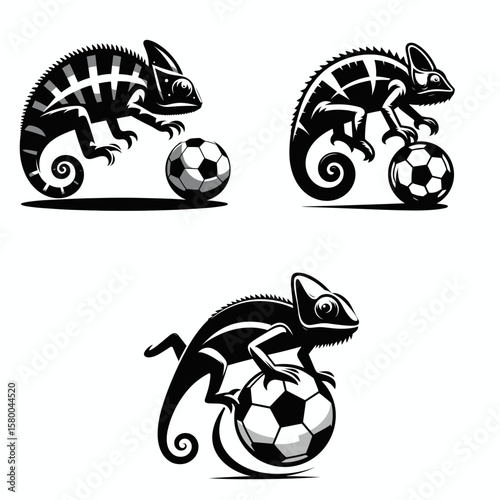 Chameleon play soccer. Football Sports Ball Game silhouette Clipart Line Art Vector Illustration. Reptile having a great time doing field game fun match activity.