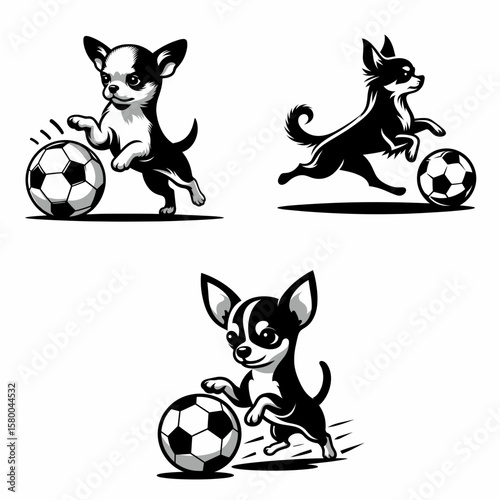 Chihuahua Dog play soccer. Football Sports Ball Game silhouette Clipart Line Art Vector Illustration. Tiny canine enjoys kicking a ball little pooch having fun with footwork action.