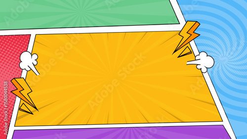 Colorful comic book panel with lightning bolts and speech bubbles. Perfect for web comics, graphic novels, superhero themed designs, and illustrations.