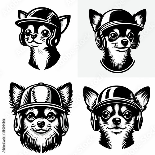 Chihuahua Dog with baseball helmet. Football Sports Ball Game silhouette Clipart Line Art Vector Illustration. Tiny canine wearing sporting headgear playful pup ballgame safety dome.