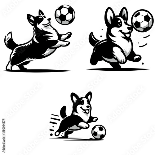Corgi Dog play soccer. Football Sports Ball Game silhouette Clipart Line Art Vector Illustration. Welsh breed enjoy a kick around with ball having fun activity.