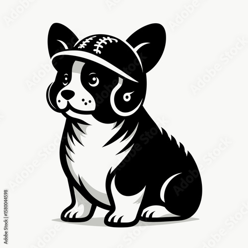Corgi Dog with baseball helmet. Football Sports Ball Game silhouette Clipart Line Art Vector Illustration. Cute welsh canine hard headgear for protection.