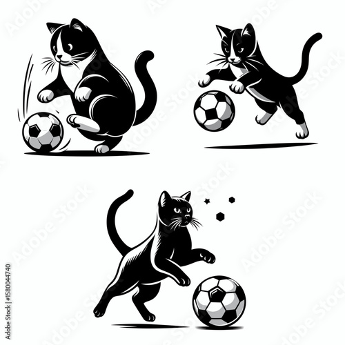 Domestic Shorthair Cat play soccer. Football Sports Ball Game silhouette Clipart Line Art Vector Illustration. Feline fun house pet enjoys kicking round object in active.