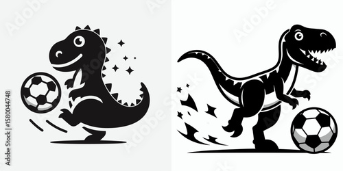 Dinosaur play soccer. Football Sports Ball Game silhouette Clipart Line Art Vector Illustration. Ancient reptile enjoys a of football prehistoric creature kick.