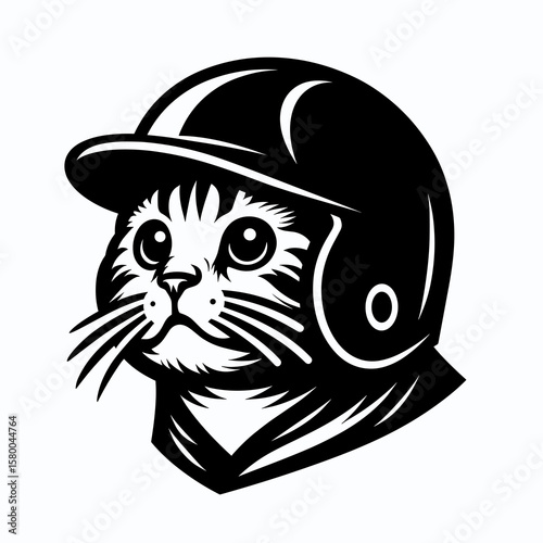Domestic Shorthair Cat with baseball helmet. Football Sports Ball Game silhouette Clipart Line Art Vector Illustration. House feline in protective headgear ready for local activity cute.