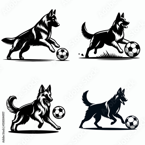 German Shepherd Dog play soccer. Football Sports Ball Game silhouette Clipart Line Art Vector Illustration. Canine enjoys kicking a ball herding breed having fun with round toy.