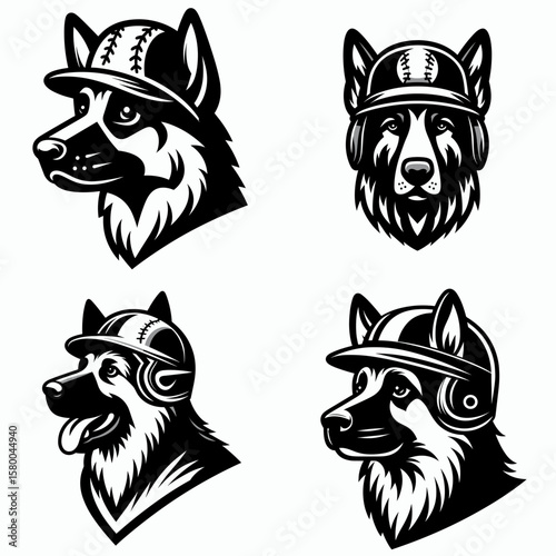 German Shepherd Dog with baseball helmet. Football Sports Ball Game silhouette Clipart Line Art Vector Illustration. Canine friend sporting gear breed ballgame head protection.
