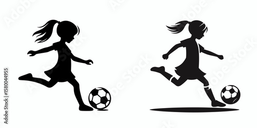 girl play soccer. Football Sports Ball Game silhouette Clipart Line Art Vector Illustration. Female child do sport active young one enjoy outdoor.