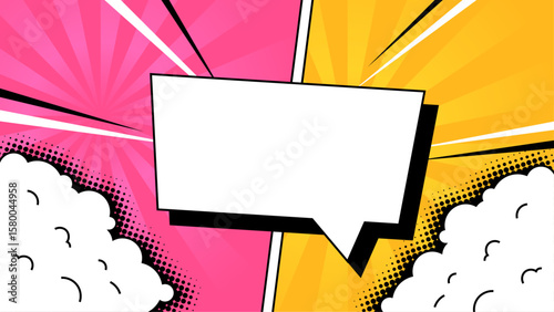 Vibrant pop art speech bubble with pink and yellow backgrounds suitable for dynamic graphic designs and modern social media content.