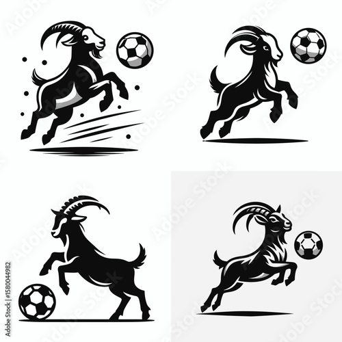 Goat play soccer. Football Sports Ball Game silhouette Clipart Line Art Vector Illustration. Caprine enjoy footie animal having amusement kicking one sphere outdoors.