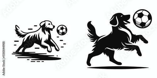 Golden Retriever Dog play soccer. Football Sports Ball Game silhouette Clipart Line Art Vector Illustration. Joyful canine having fun kicking a in.