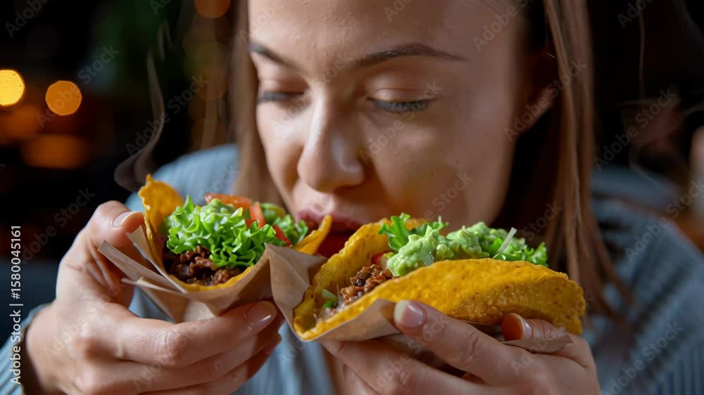 Woman holding two tacos with lettuce tomato guacamole soft taco with ground beef fresh lettuce tomato guacamole casual warm
