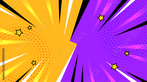 Vibrant comic book style background with yellow and purple rays, great for superhero themed designs, party invitations, and dynamic posters.