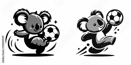 Koala play soccer. Football Sports Ball Game silhouette Clipart Line Art Vector Illustration. Marsupial having fun kicking a in outdoor activity and recreation.