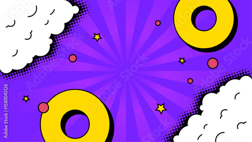 Purple pop art background with yellow circles, stars, and clouds suitable for graphic design projects, posters, album covers, and social media.