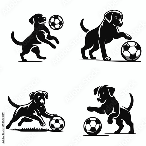 Labrador Retriever Dog play soccer. Football Sports Ball Game silhouette Clipart Line Art Vector Illustration. Yellow doggie having enjoyment kicking in outdoor action.