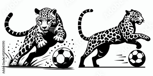 Leopard play soccer. Football Sports Ball Game silhouette Clipart Line Art Vector Illustration. Feline enjoy footwork having fun with a in an outdoor activity.