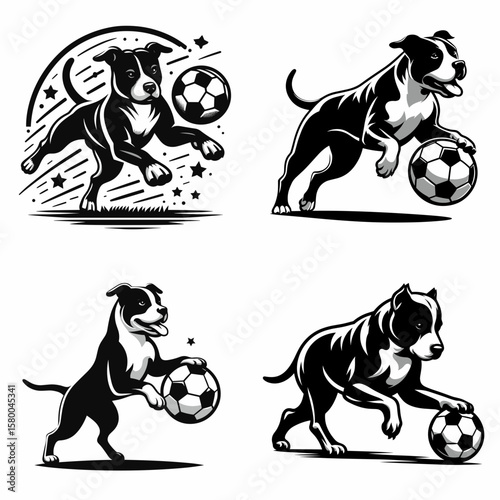 Pittbulls Dog play soccer. Football Sports Ball Game silhouette Clipart Line Art Vector Illustration. Bully canine enjoys kicking ball a fun activity happy pet having sport.