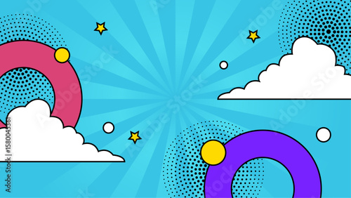 Vibrant pop art background with circles, clouds, and stars suitable for posters, social media graphics, and festive designs. Cheerful and lively.