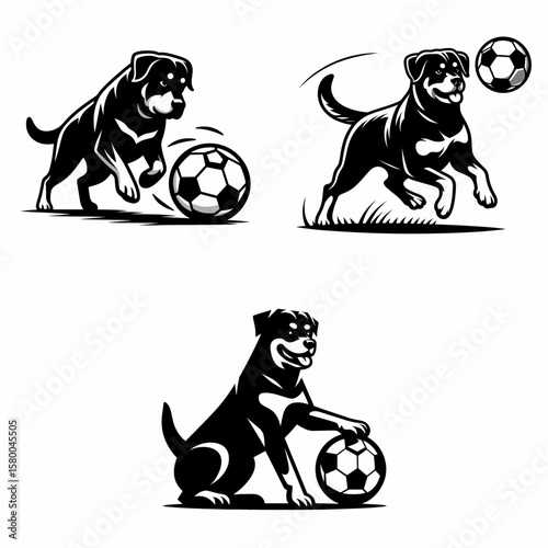 Rottweiler Dog play soccer. Football Sports Ball Game silhouette Clipart Line Art Vector Illustration. Big canine having fun kicking a in sport activity breed enjoys soccer.