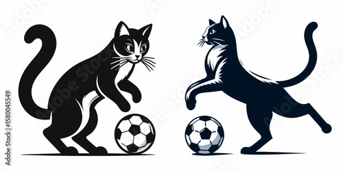 Russian Blue Cat play soccer. Football Sports Ball Game silhouette Clipart Line Art Vector Illustration. Ash feline enjoy a kick around breed practice the.