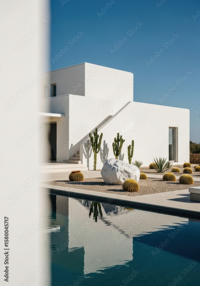 Naklejka premium Modern Minimalist Villa with Pool and Desert Garden